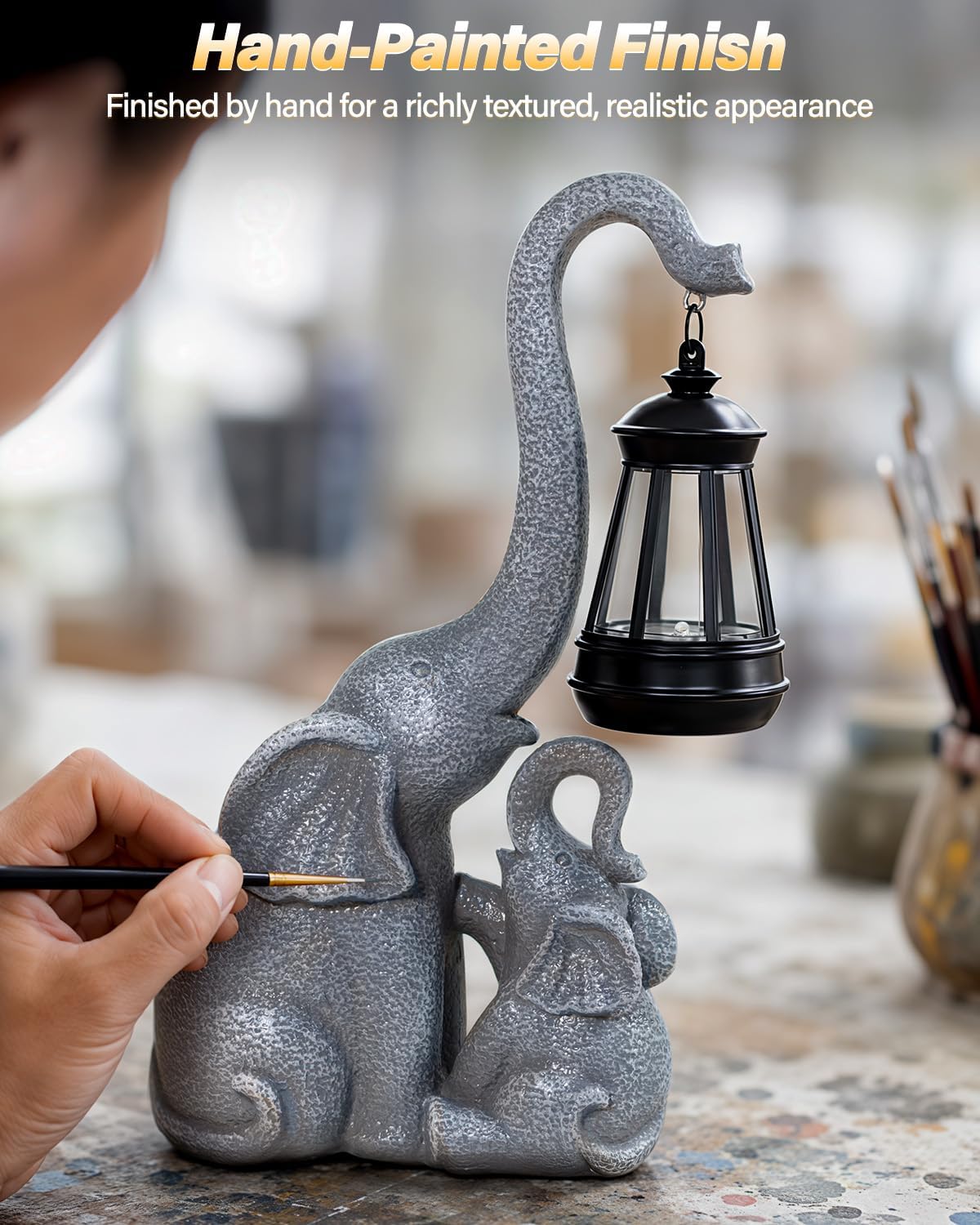 Ollny Elephant Garden Ornament with Solar LED Lantern, 29.5cm Resin Statue