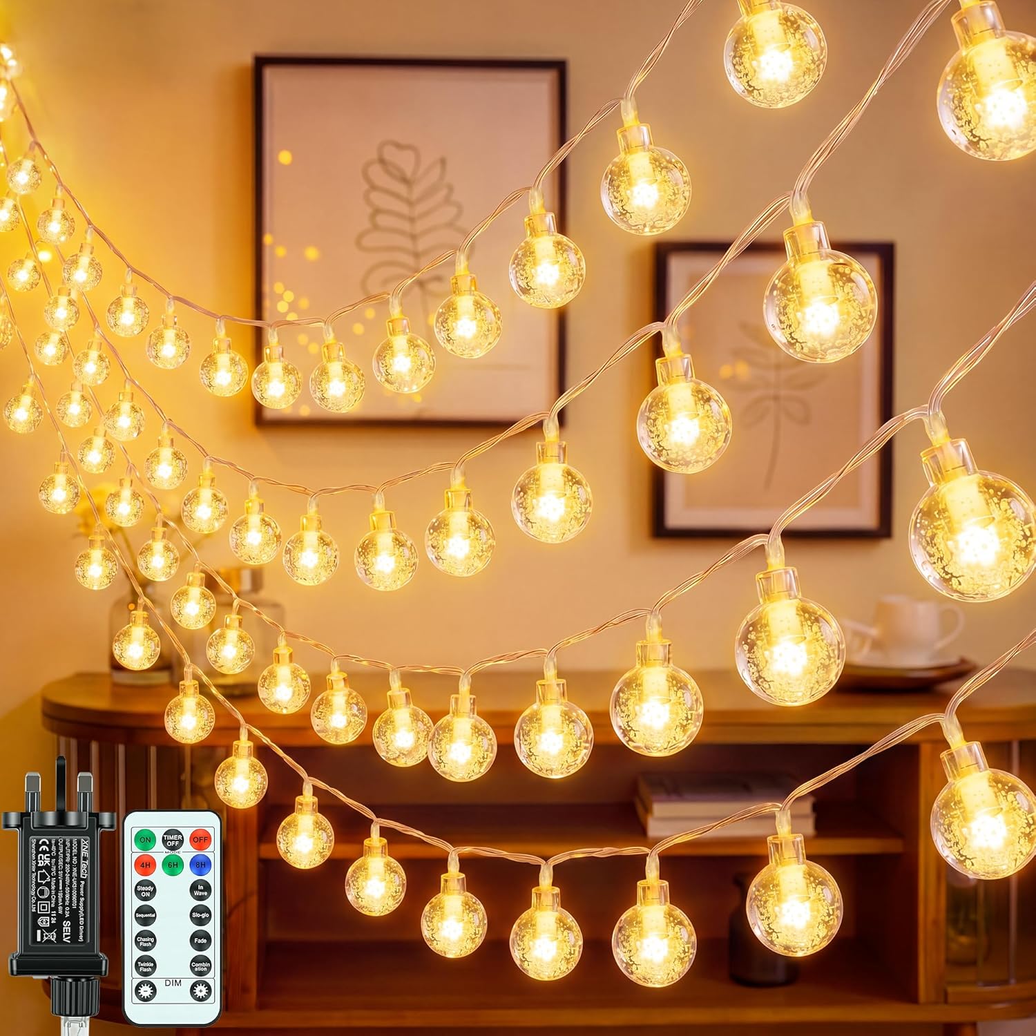 Ollny Outdoor Globe Fairy String Lights (Warm White, Plug in, 8 Modes, IP44 Waterproof)