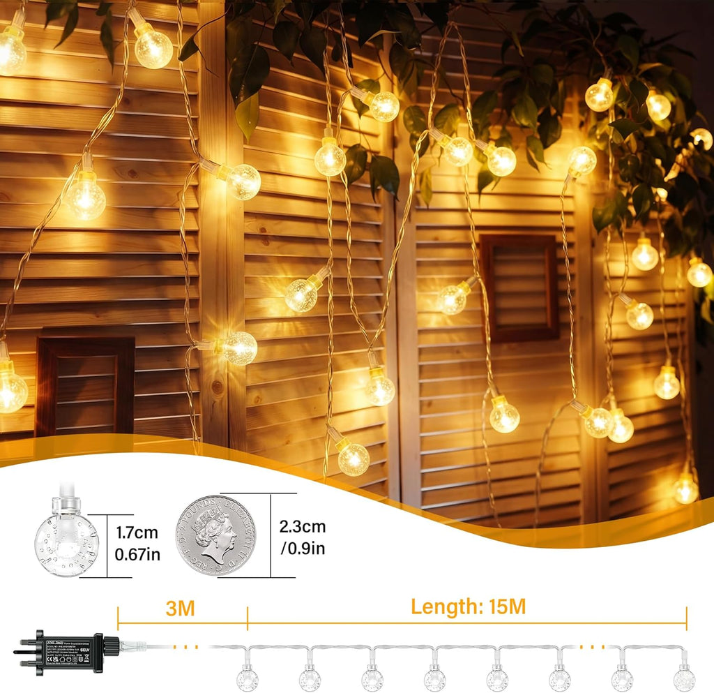 Ollny Outdoor Globe Fairy String Lights (Warm White, Plug in, 8 Modes, IP44 Waterproof)