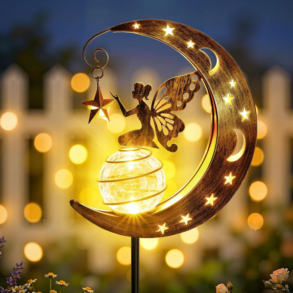 Ollny Solar Moon Fairy Light Warm White Crackle Glass Ball Garden Ornament