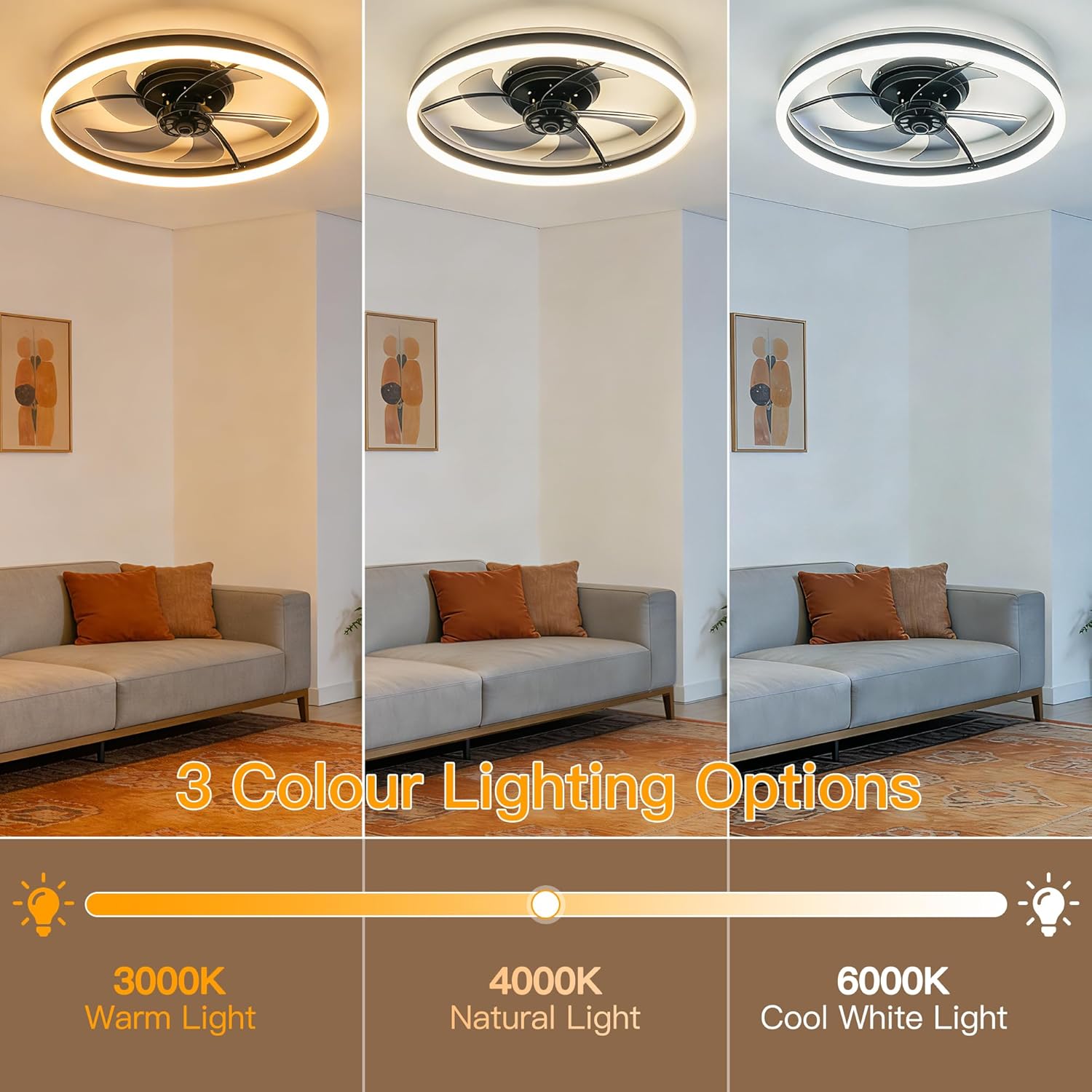 Ollny 50CM RGB Ceiling Fan with Lights(Full RGB Colours, IP20 Waterproof, 3 Modes)