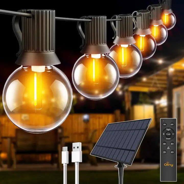 Ollny G40 solar festoon lights with remote, solar panel, and usb