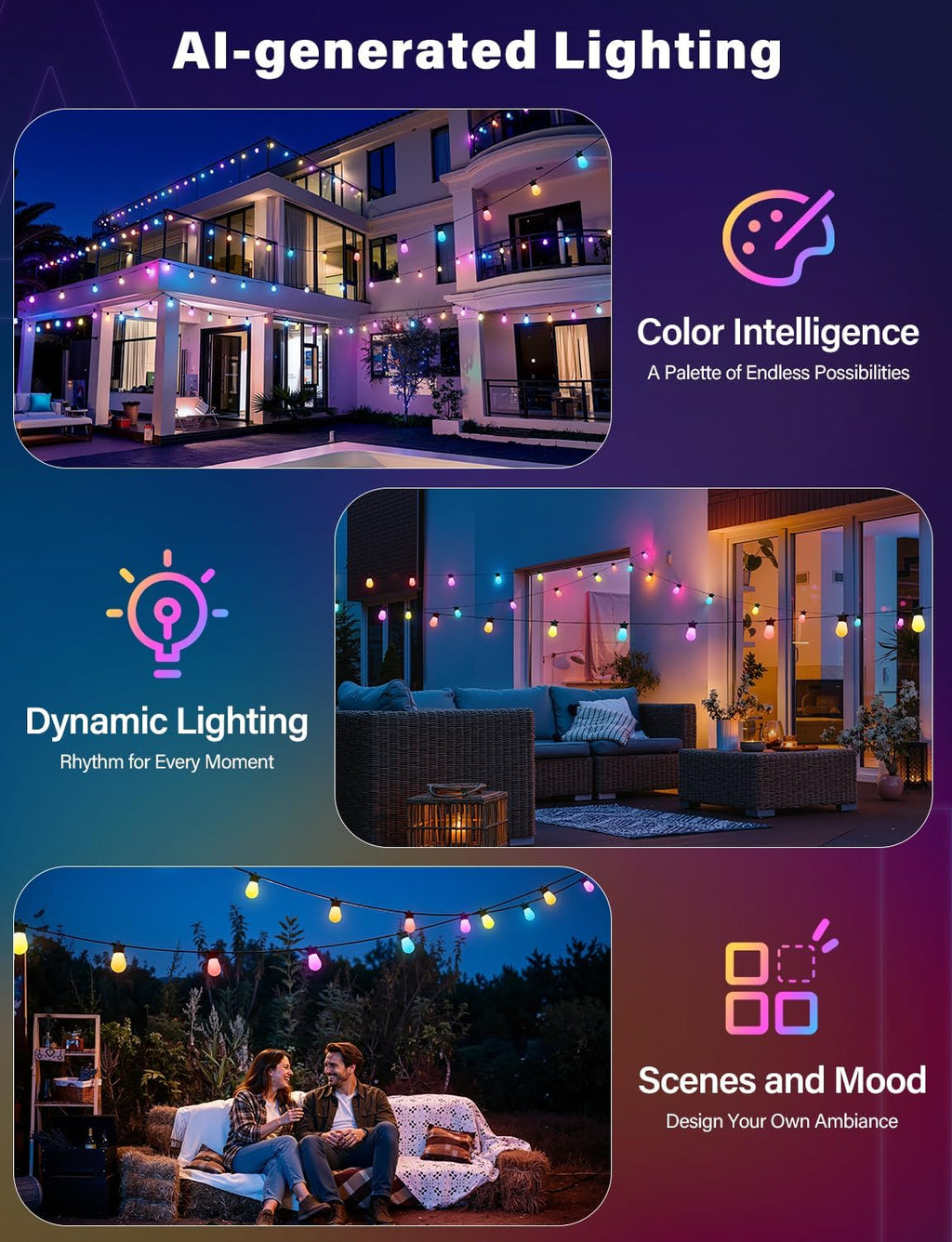 Ollny S14 RGBW Outdoor String Lights for Garden, Gazebo, Patio, Party (Connectable, App & Voice Control, IP65 Waterproof)