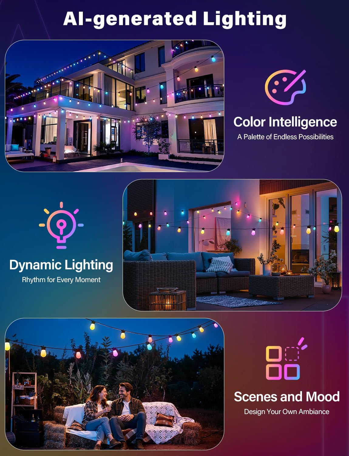 Ollny S14 RGBW Outdoor String Lights for Garden, Gazebo, Patio, Party (Connectable, App & Voice Control, IP65 Waterproof)