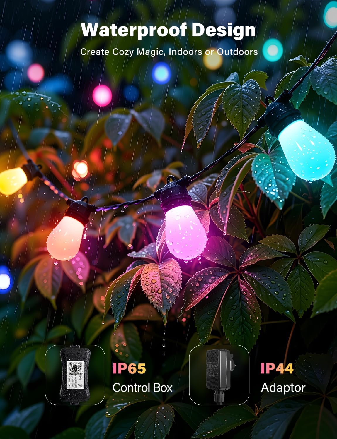 Ollny S14 RGBW Outdoor String Lights for Garden, Gazebo, Patio, Party (Connectable, App & Voice Control, IP65 Waterproof)