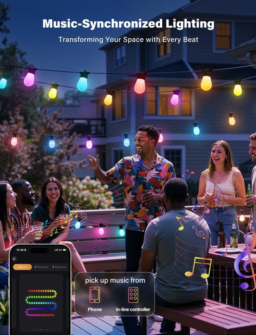 Ollny S14 RGBW Outdoor String Lights for Garden, Gazebo, Patio, Party (Connectable, App & Voice Control, IP65 Waterproof)