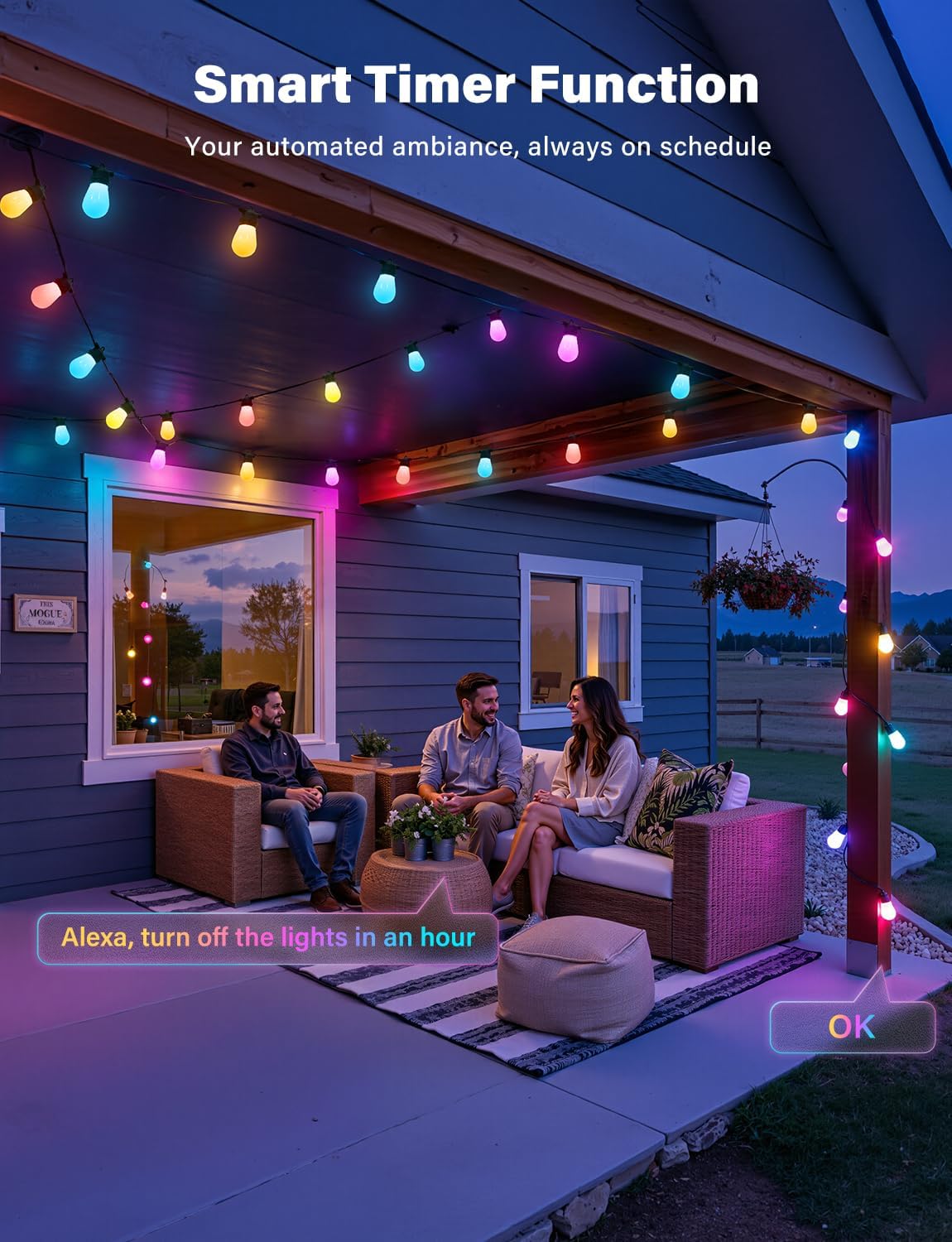 Ollny S14 RGBW Outdoor String Lights for Garden, Gazebo, Patio, Party (Connectable, App & Voice Control, IP65 Waterproof)