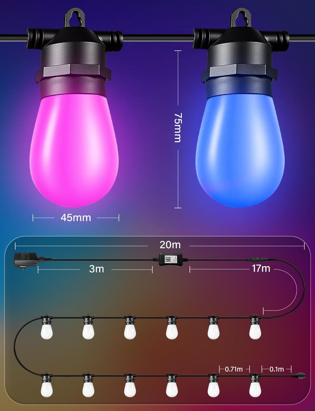 Ollny S14 RGBW Outdoor String Lights for Garden, Gazebo, Patio, Party (Connectable, App & Voice Control, IP65 Waterproof)
