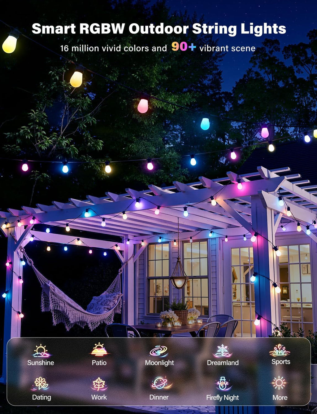 Ollny S14 RGBW Outdoor String Lights for Garden, Gazebo, Patio, Party (Connectable, App & Voice Control, IP65 Waterproof)