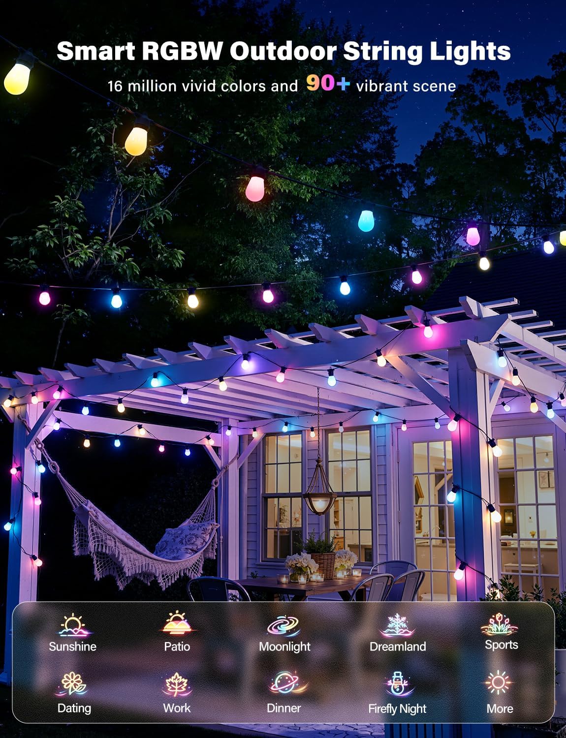 Ollny S14 RGBW Outdoor String Lights for Garden, Gazebo, Patio, Party (Connectable, App & Voice Control, IP65 Waterproof)