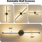 Ollny 2pcs LED Rechargeable Black Wall Sconce for Bedroom, Living Room