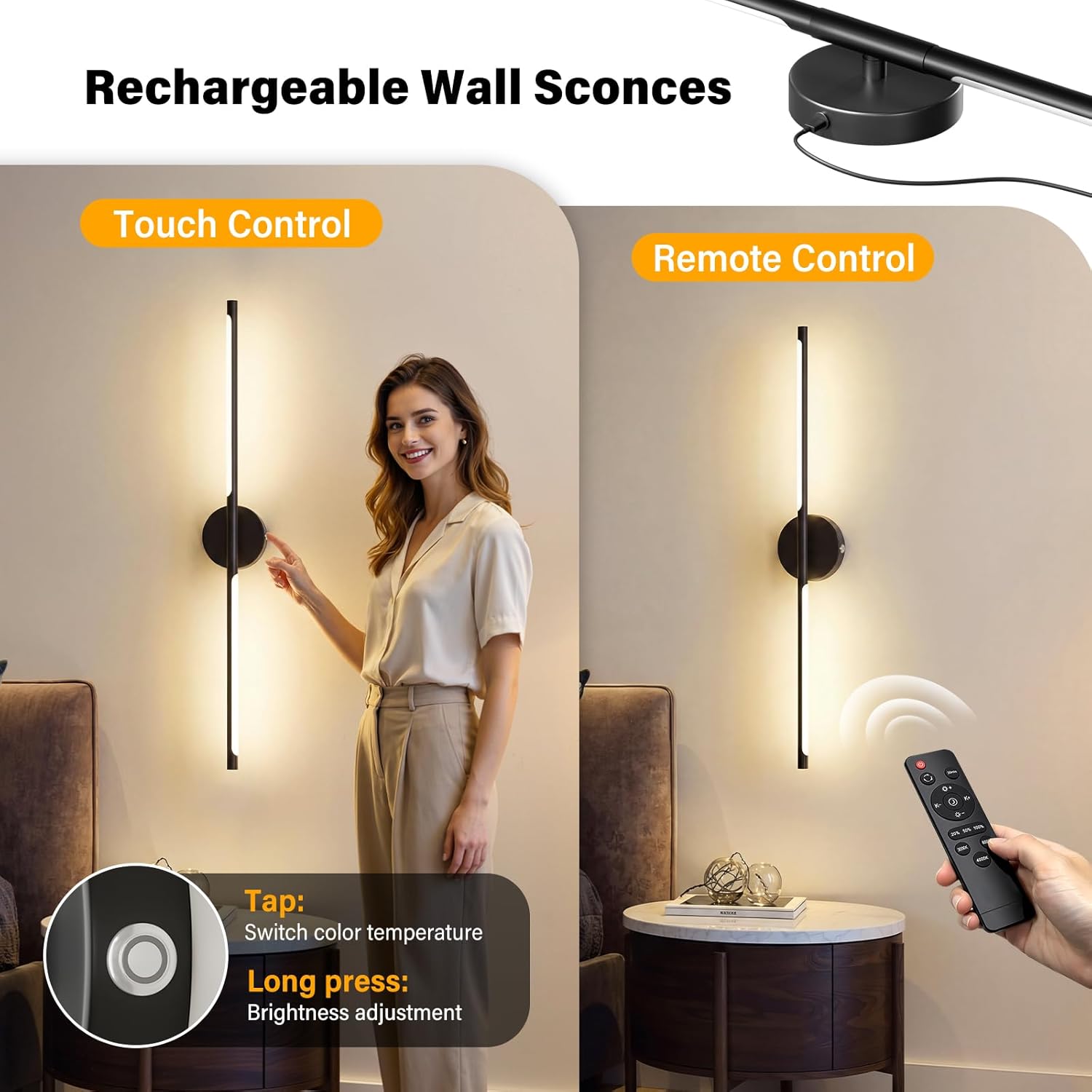 Ollny 2pcs LED Rechargeable Black Wall Sconce for Bedroom, Living Room