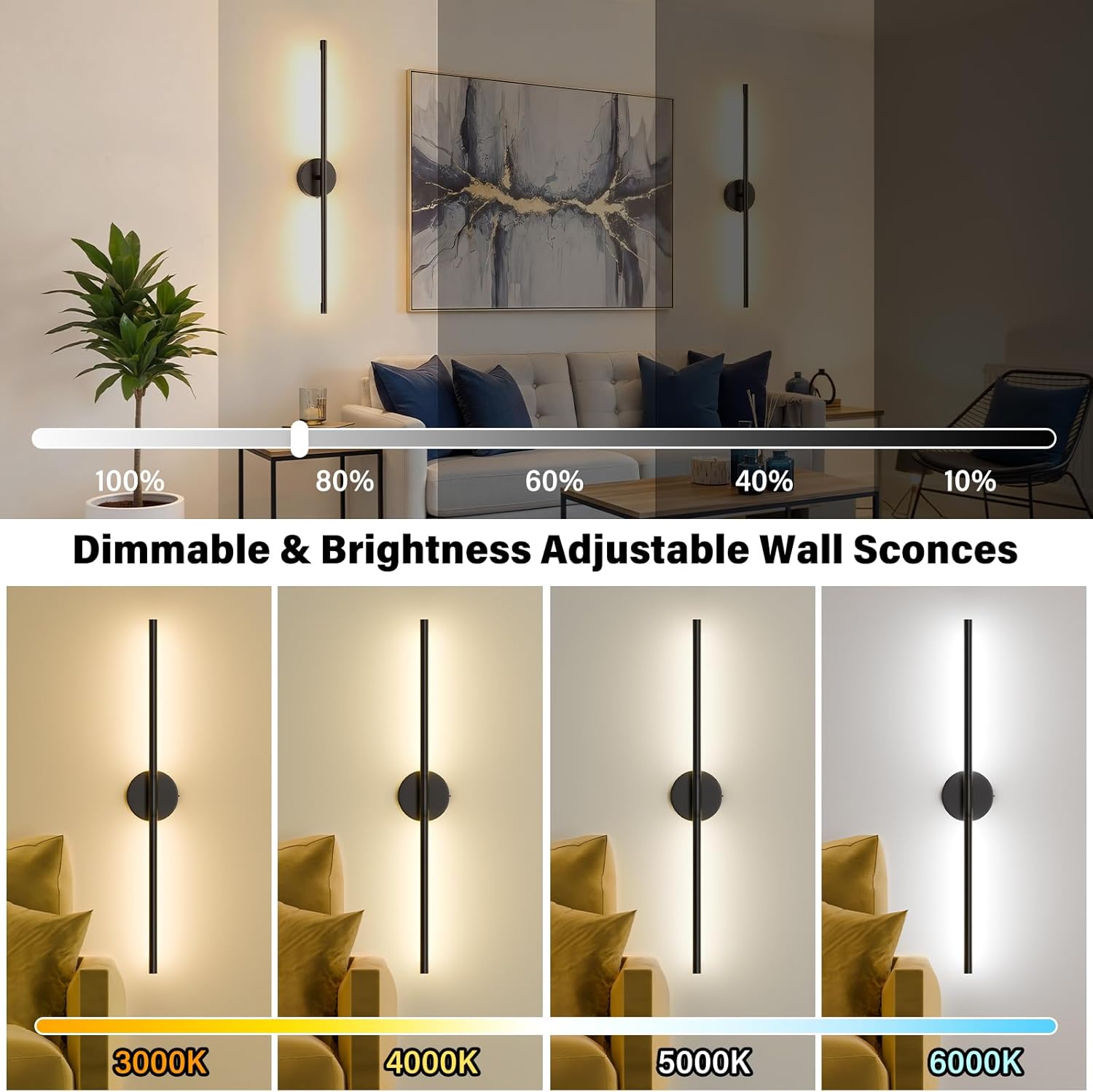 Ollny 2pcs LED Rechargeable Black Wall Sconce for Bedroom, Living Room