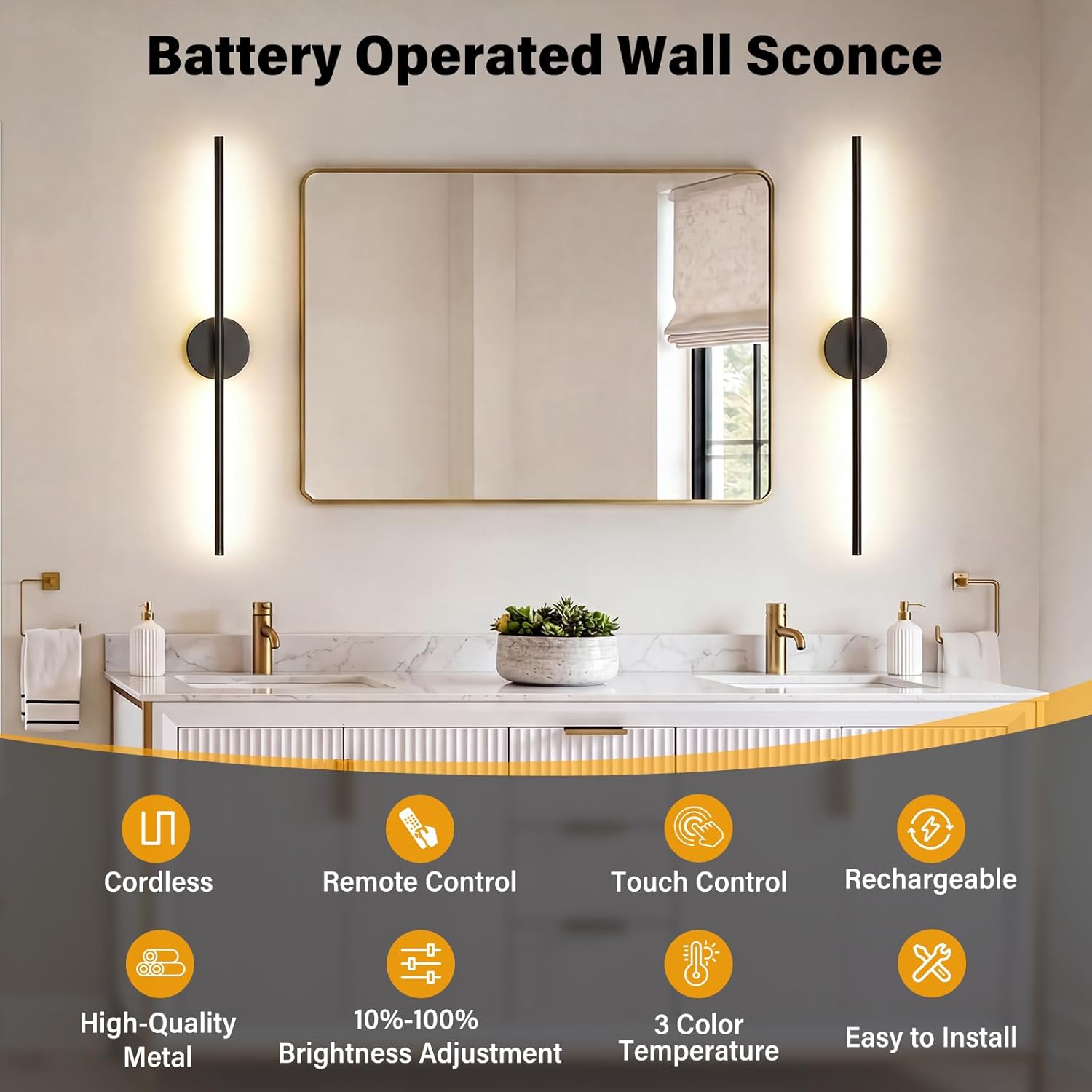 Ollny 2pcs LED Rechargeable Black Wall Sconce for Bedroom, Living Room