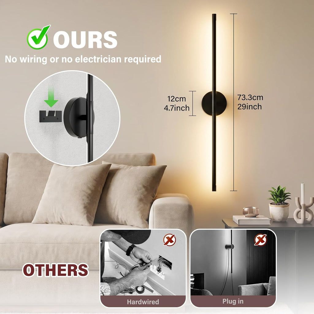 Ollny 2pcs LED Rechargeable Black Wall Sconce for Bedroom, Living Room