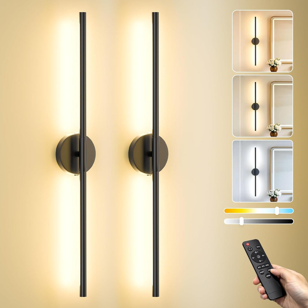 Ollny 2pcs LED Rechargeable Black Wall Sconce for Bedroom, Living Room
