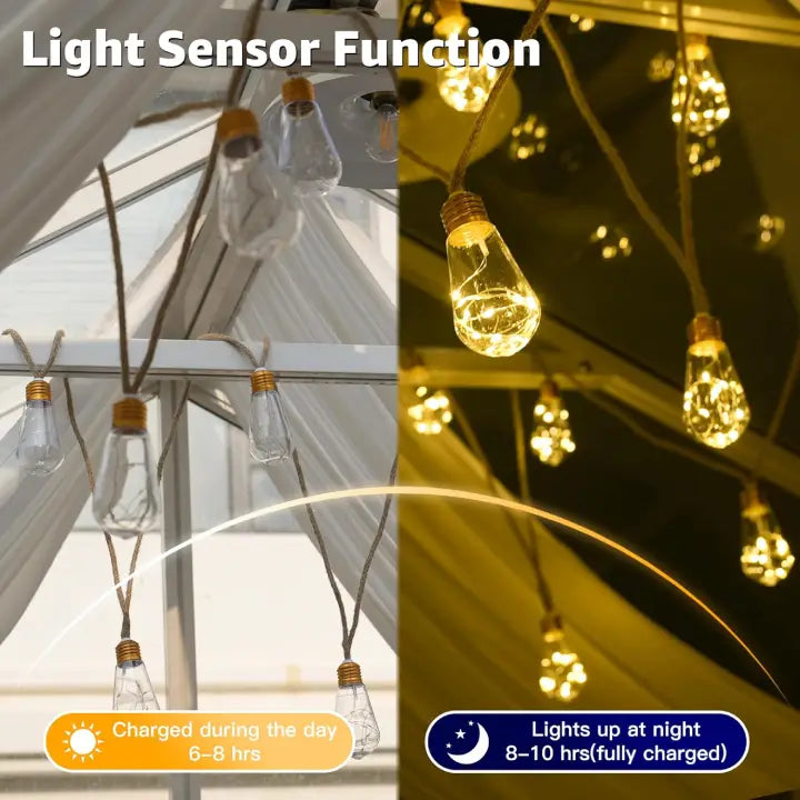 S17 solar festoon light sensor: Charged during the day6-8 hrs;Lights up at night
8-10 hrs(fully charged)