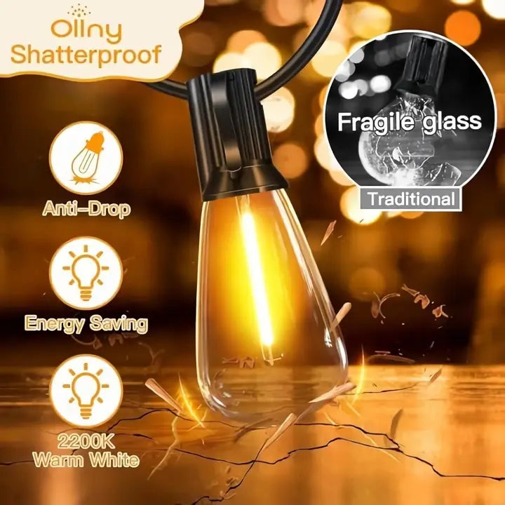 Ollny ST38 Outdoor Festoon Lights 15m (25+2 Bulbs, IP45 Waterproof, Connectable, 2200K)