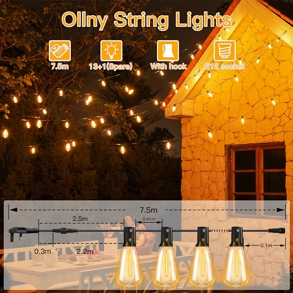 Ollny ST38 Outdoor Festoon Lights 7.5m (13+1 Bulbs, IP45 Waterproof, Connectable, 2200K)