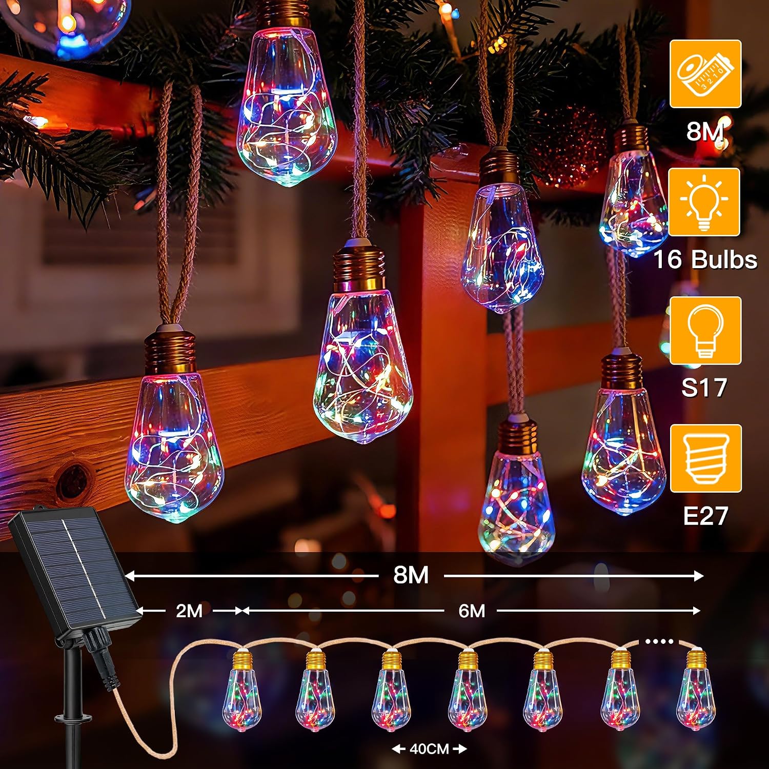 Ollny S17 Outdoor Solar Festoon Lights 8m 160 LEDs (24 Bulbs, Solar Powered, IP44 Waterproof, 8 Modes)
