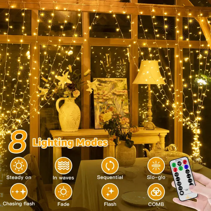 Ollny 300 LEDs 3m*3m Christmas Curtain Fairy Lights (Warm White, Clear Cable, Plug in, 8 Modes)