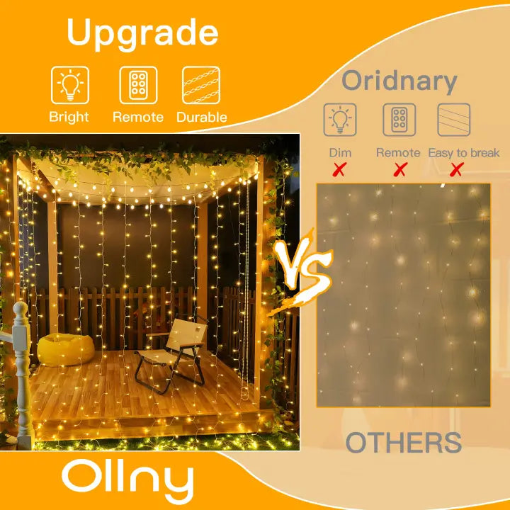 Ollny 300 LEDs 3m*3m Christmas Curtain Fairy Lights (Warm White, Clear Cable, Plug in, 8 Modes)