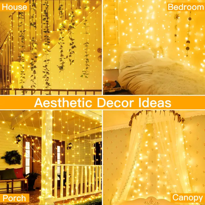 Ollny 300 LEDs 3m*3m Christmas Curtain Fairy Lights (Warm White, Clear Cable, Plug in, 8 Modes)