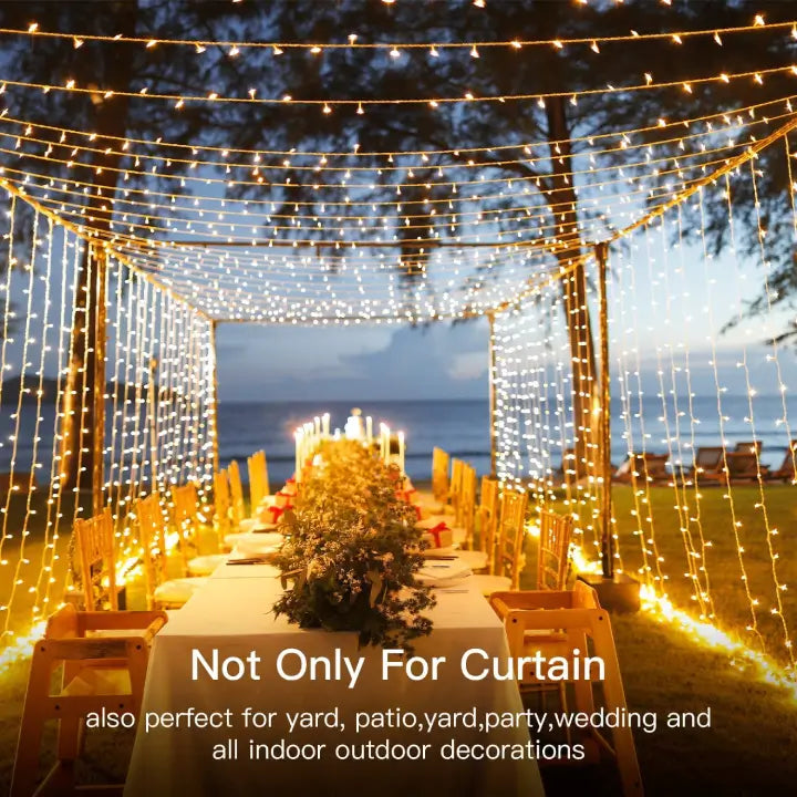 Ollny 300 LEDs 3m*3m Christmas Curtain Fairy Lights (Warm White, Clear Cable, Plug in, 8 Modes)