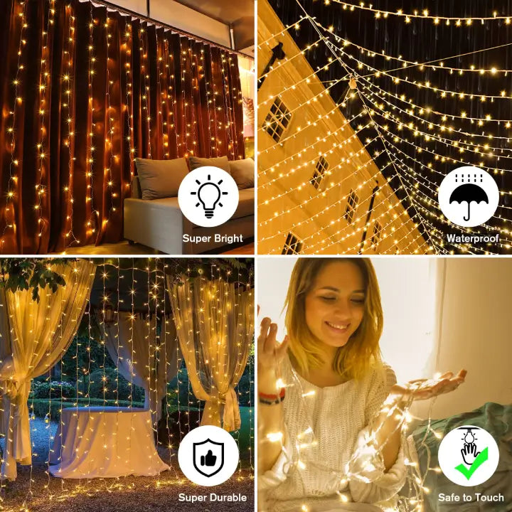 Ollny 300 LEDs 3m*3m Christmas Curtain Fairy Lights (Warm White, Clear Cable, Plug in, 8 Modes)