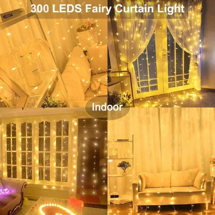 Ollny 300 LEDs 3m*3m Christmas Curtain Fairy Lights (Warm White, Clear Cable, Plug in, 8 Modes)