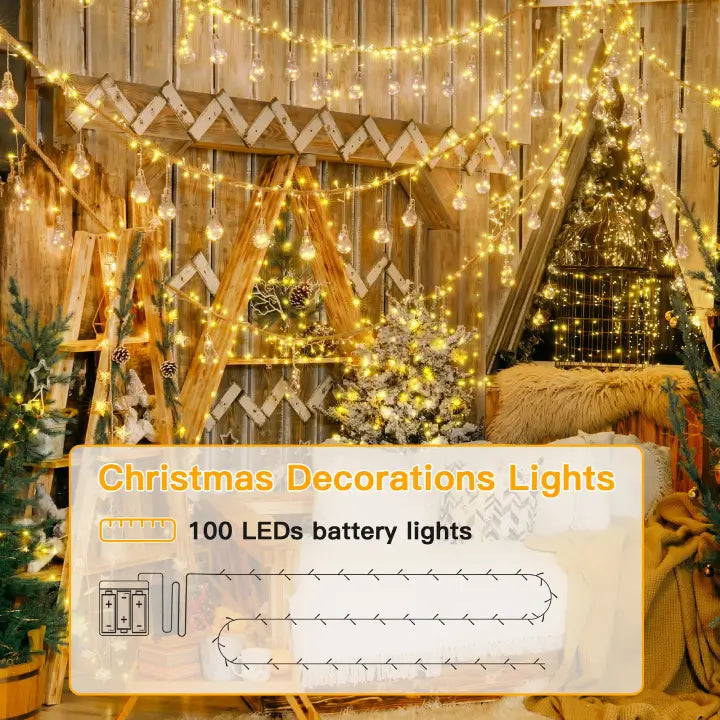Ollny 100 LED Warm White Battery Operated Christmas Fairy Lights (Clear Cable, IP44 Waterproof)