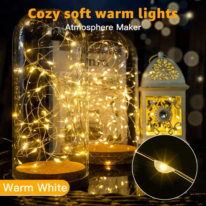 Ollny 100 LEDs 10m Warm White Room Fairy Lights (Copper Wire, Battery Operated)