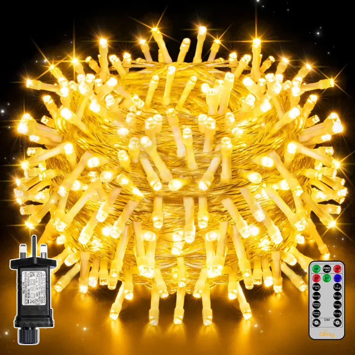 Ollny 200 LED 20m Warm White Christmas String Lights ( Clear Cable, Plug in, 8 Modes)