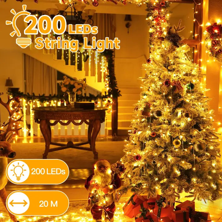 Ollny 200 LED 20m Warm White Christmas String Lights ( Clear Cable, Plug in, 8 Modes)