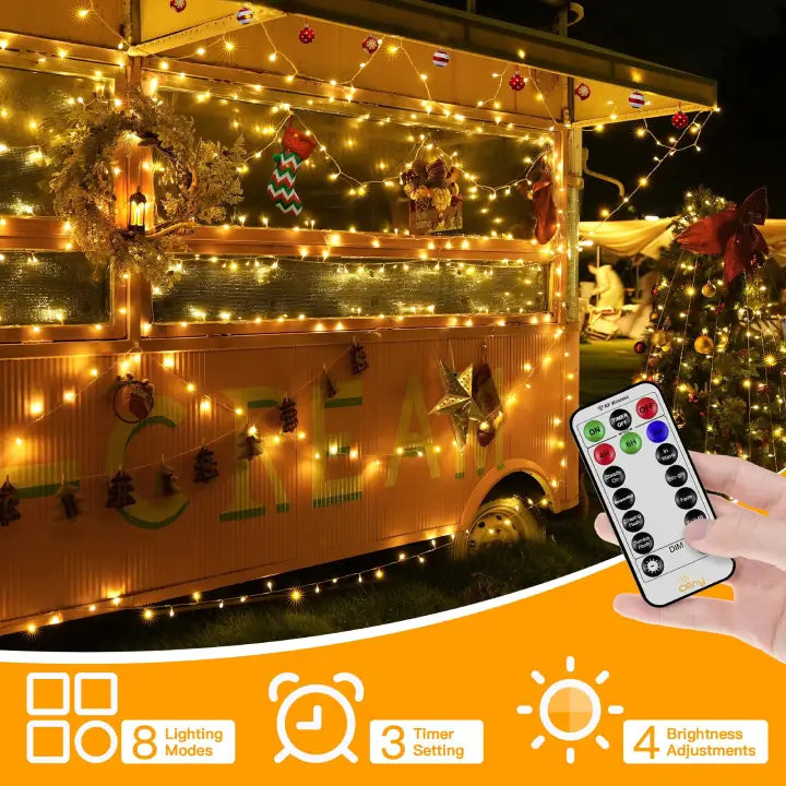 Ollny 200 LED 20m Warm White Christmas String Lights ( Clear Cable, Plug in, 8 Modes)