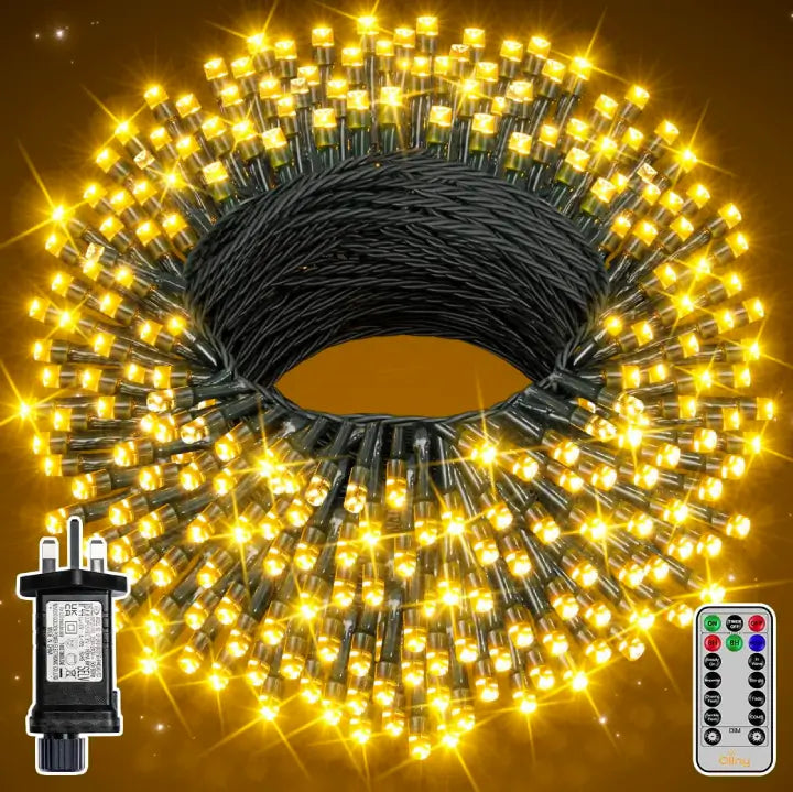 Ollny 200 LEDs 20m Christmas Garden String Lights (Warm White, Green Cable, Plug in, 8 Modes)