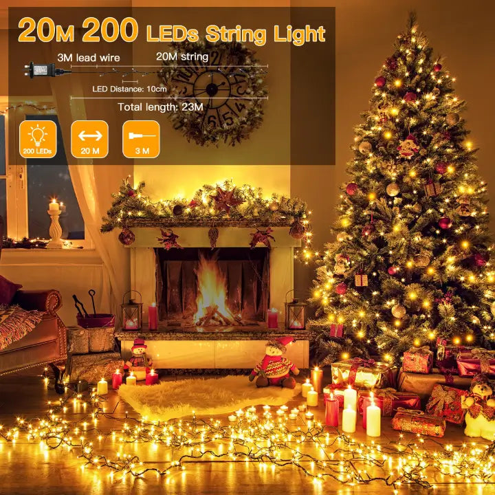 Ollny 200 LEDs 20m Christmas Garden String Lights (Warm White, Green Cable, Plug in, 8 Modes)