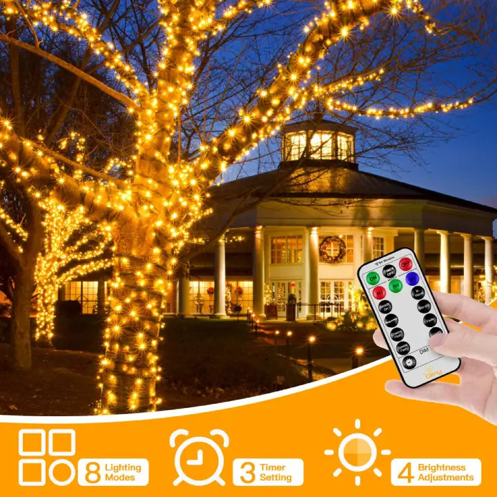 Ollny 200 LEDs 20m Christmas Garden String Lights (Warm White, Green Cable, Plug in, 8 Modes)