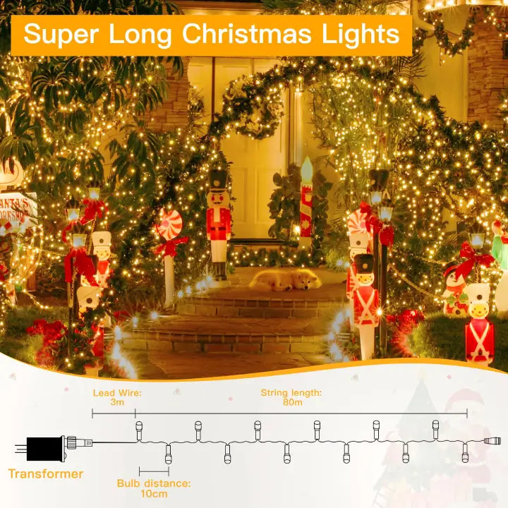 Ollny 800 LEDs 80m Christmas Fairy String Lights (Warm White, Clear Cable, Plug in, 8 Modes)