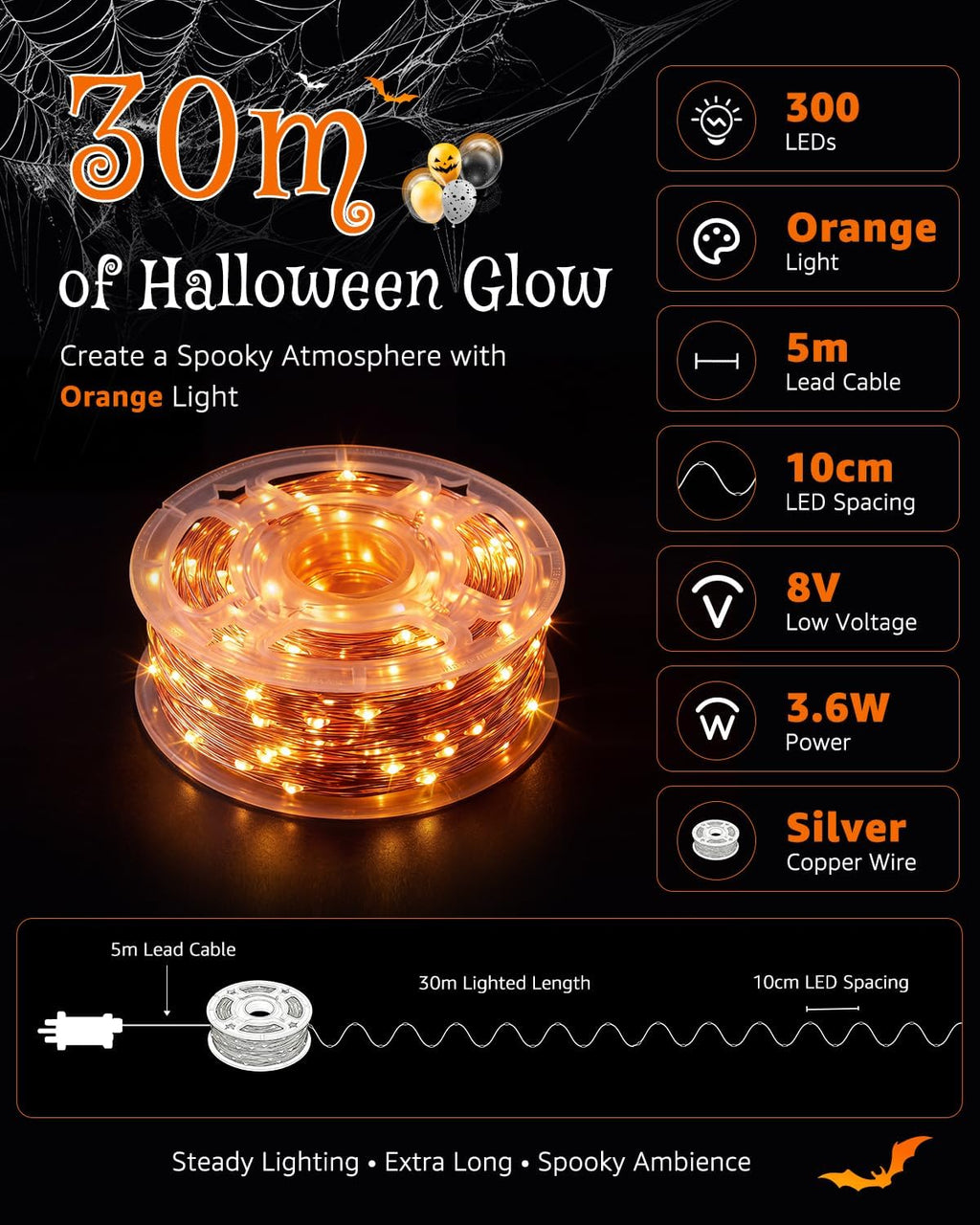 Ollny 300 LEDs 30m Halloween Fairy Lights Orange String Lights (Clear Cable, Plug in, IP44 Waterproof)