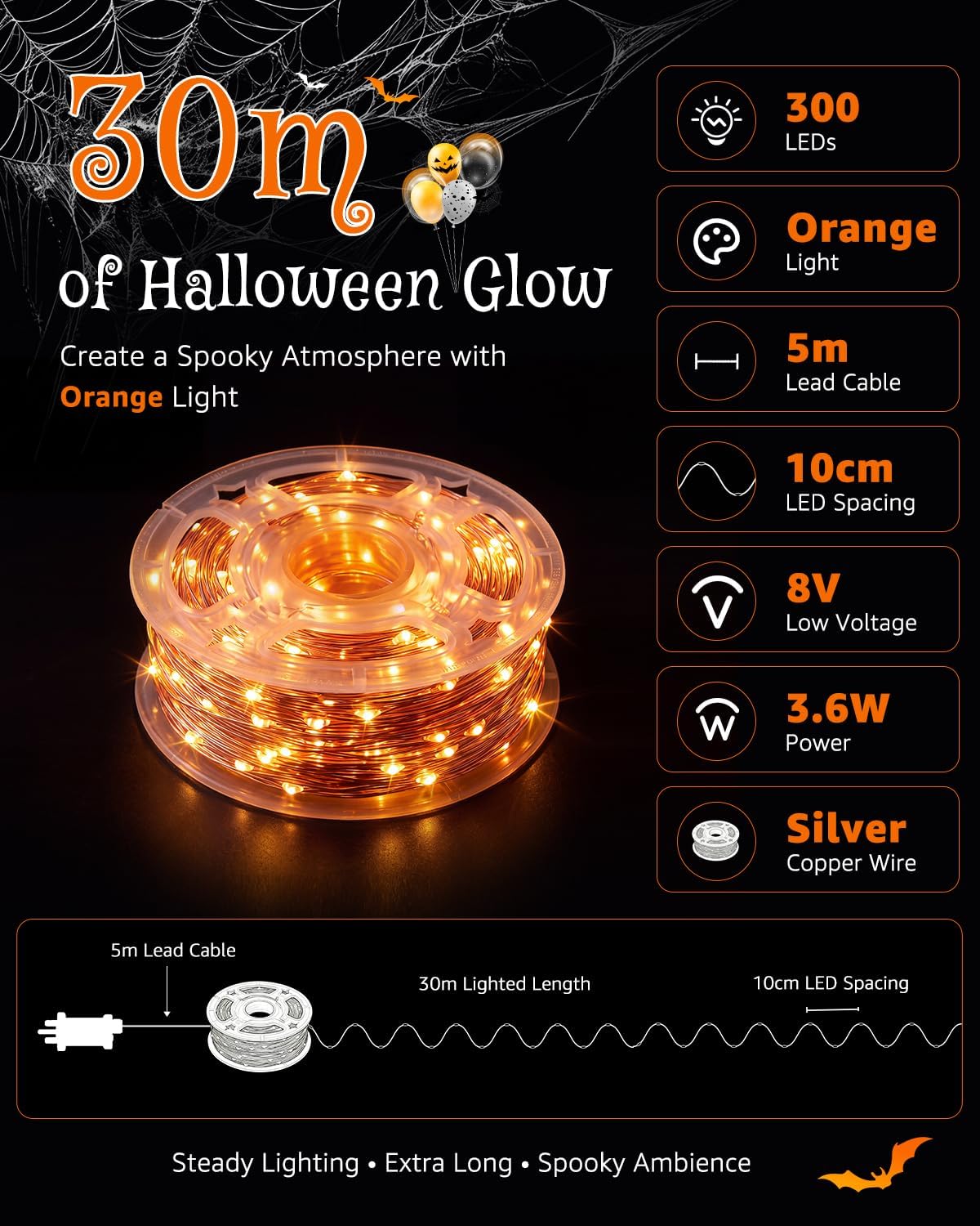 Ollny 300 LEDs 30m Halloween Fairy Lights Orange String Lights (Clear Cable, Plug in, IP44 Waterproof)