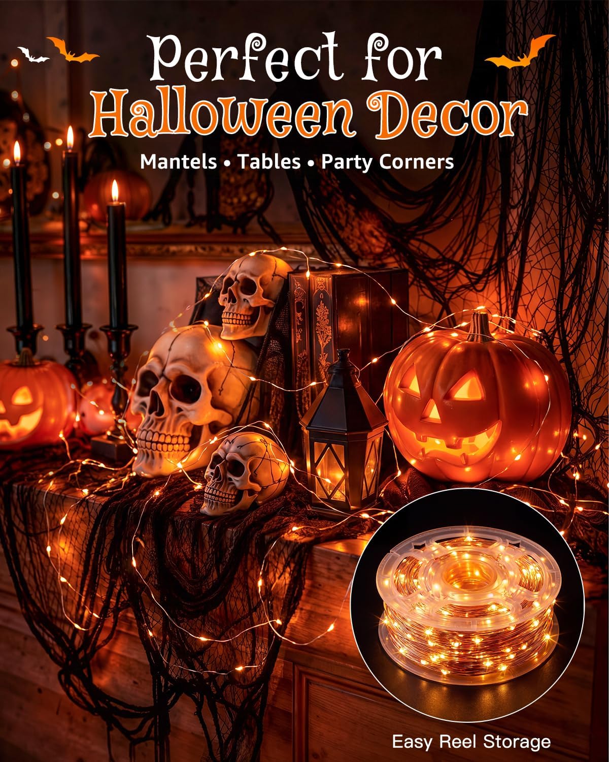 Ollny 300 LEDs 30m Halloween Fairy Lights Orange String Lights (Clear Cable, Plug in, IP44 Waterproof)