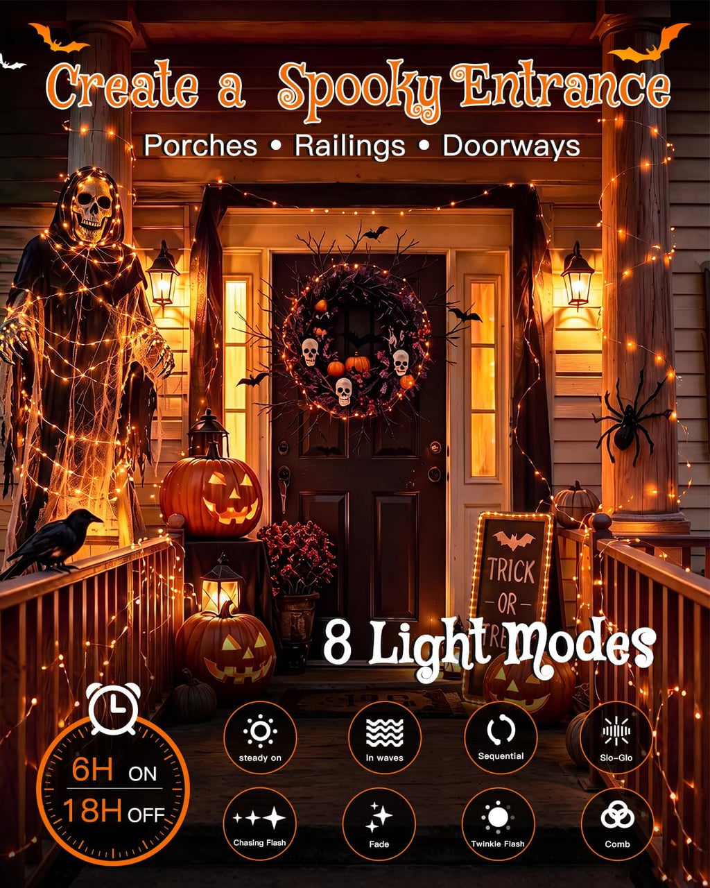 Ollny 300 LEDs 30m Halloween Fairy Lights Orange String Lights (Clear Cable, Plug in, IP44 Waterproof)