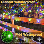 Outdoor weatherproof string lights with waterproof rating on a rainy day.
