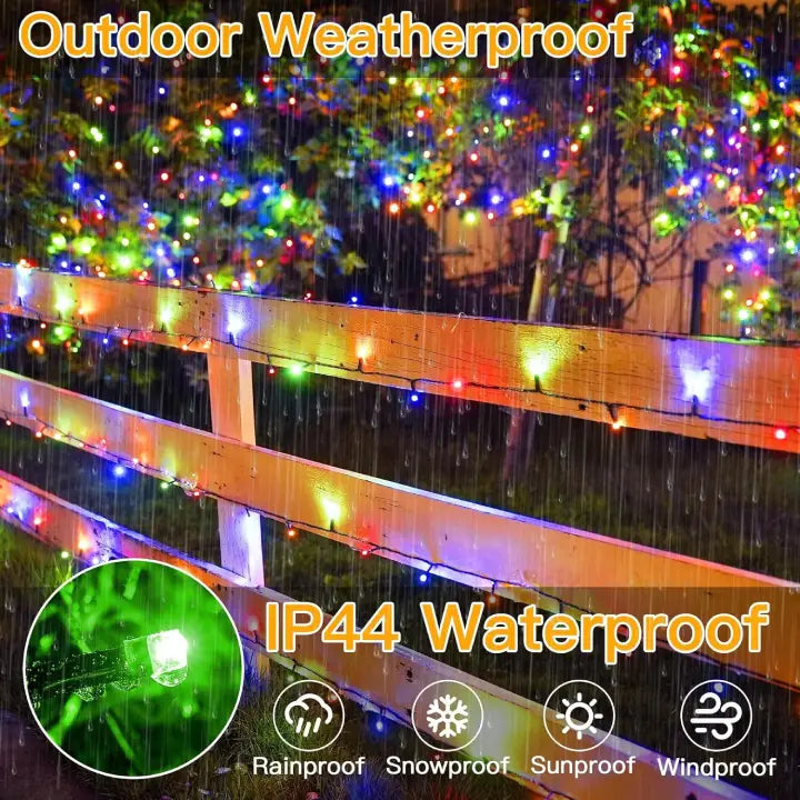 Outdoor weatherproof string lights with waterproof rating on a rainy day.