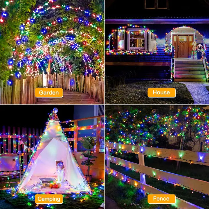 outdoor settings with Ollny string lights lighting: garden, house, camping, and fence.