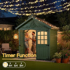 a green garden shed with string lights above, featuring a timer function display.
