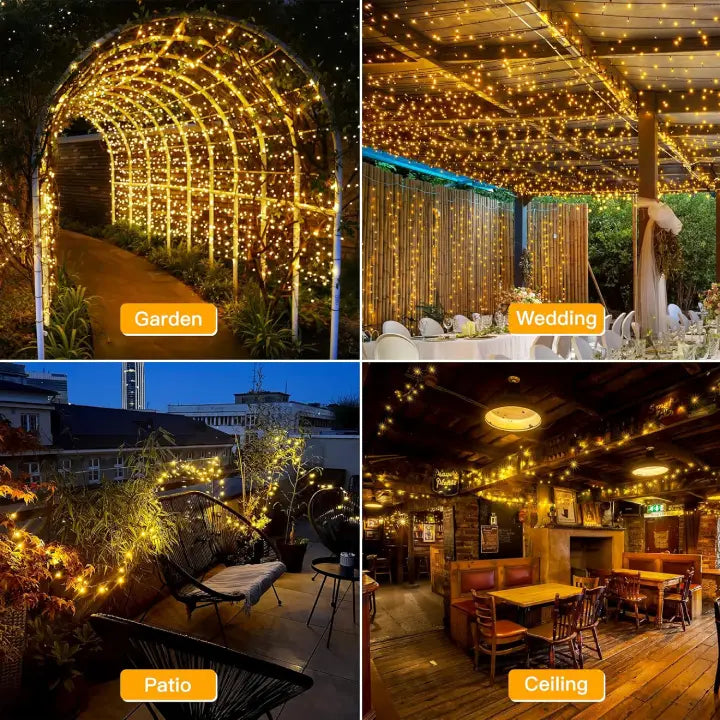 outdoor settings with Ollny string lights lighting: garden, house, camping, and fence.