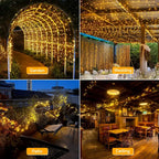 outdoor settings with Ollny string lights lighting: garden, house, camping, and fence.