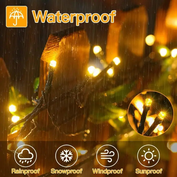 Outdoor weatherproof string lights with waterproof rating on a rainy day:rainproof, snowproof, windproof, and sunproof